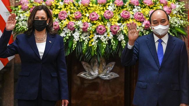 US Vice-President Kamala Harris and Vietnamese President Nguyen Xuan Phuc at the Presidential Palace in Hanoi on Wednesday. Picture: AFP