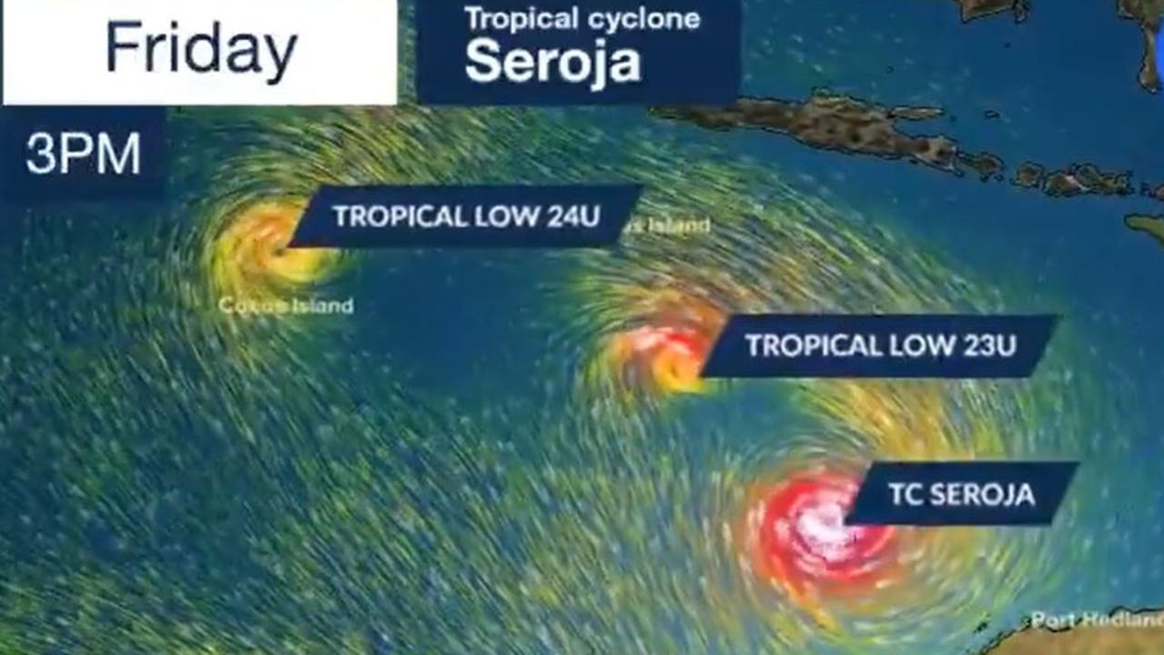 The forecast positions of three systems approaching the Western Australia coast on Friday. Picture: BOM