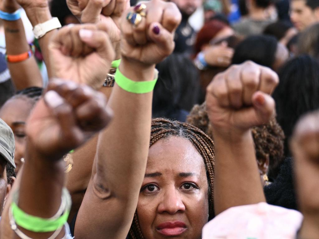 People react as US Vice President Kamala Harris speaks at Howard University in Washington. Picture: Brendan Smialowski/AFP