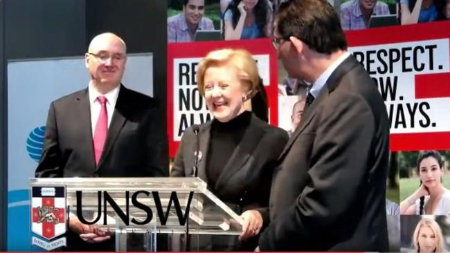 Barney Glover, Gillian Triggs and Ian Jacobs at the official launch of the student survey on sexual assault and sexual harassment. (Pic: Australian Human Rights Commission/YouTube)