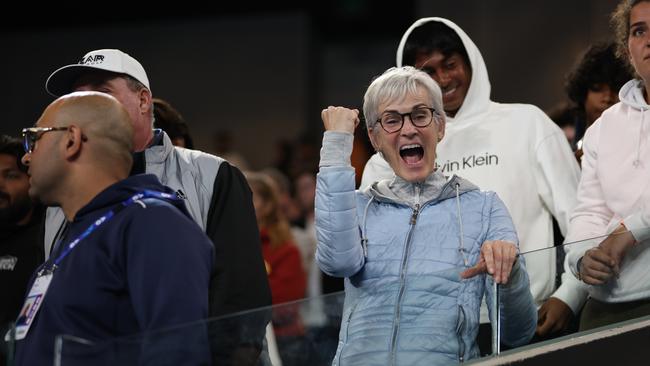 Judy Murray mother of Andy Murray celebrates her son’s five set victory. Picture: Clive Brunskill/Getty Images