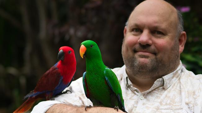 Former Dreamworld supervisor and founder of Parrots for Purpose Michael Clancy with Archie (green) and Opal (red) Picture: Supplied.