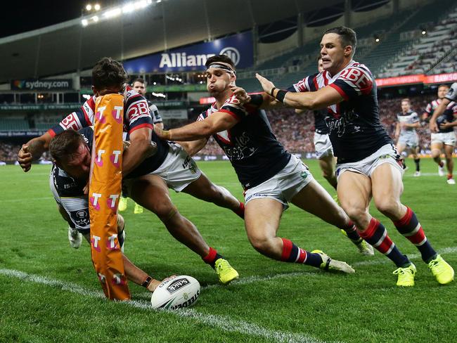 Kyle Feldt scores a superb try for the Cowboys. Picture: Brett Costello