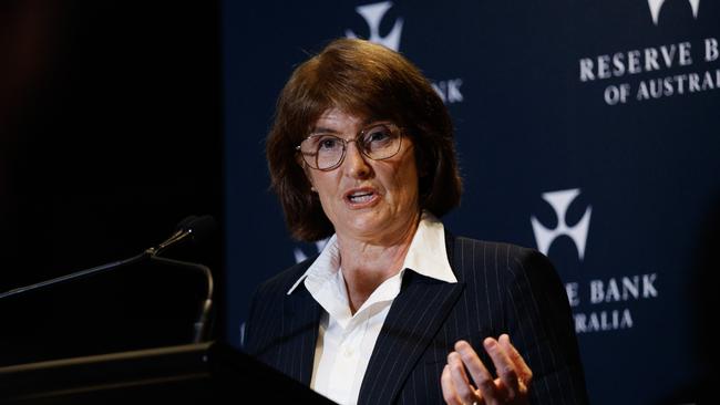 Reserve Bank governor Michele Bullock faces reporters after cutting the cash rate to 3.85 per cent. Picture: Nikki Short/NewsWire