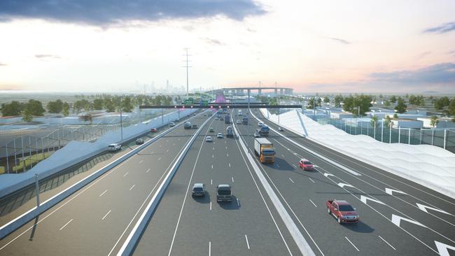 An artist impression of the West Gate Freeway at Fogarty Ave after the West Gate Tunnel Project is completed.