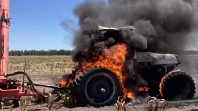 Farmer Matthew Madden’s tractor caught alight after mice chewed through the wiring. Picture: 7 NEWS