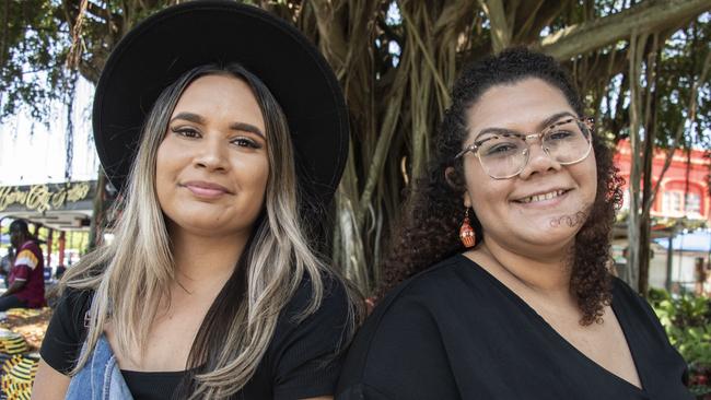 Bridget Cama, right, and Aliira Davis, left, young indigenous leaders attending the Uluru youth summit. Picture: Brian Cassey