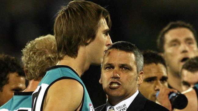 Justin Westhoff and his first coach Mark Williams in the 2007 Qualifying Final win over West Coast. Picture: Matt Turner.