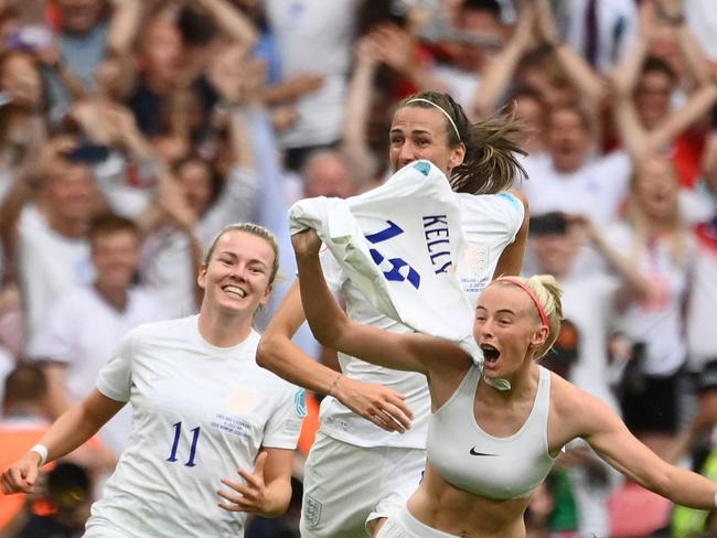 England's striker Chloe Kelly celebrates after scoring her team second goal during the UEFA Women's Euro 2022 final football match between England and Germany. Picture: AFP