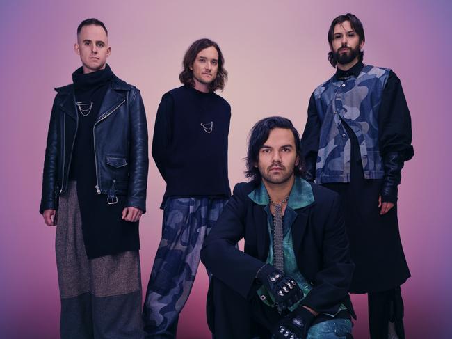 Sydney metal band Northlane, whose national tour in support of recent single release 'Dante' begins in February 2024. L-R: Josh Smith (guitar), Nic Pettersen (drums), Marcus Bridge (vocals) and Jon Deiley (guitar). Picture: Kane Hibberd