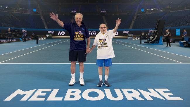 Adelaide tennis legend Henry Young with his Ukrainian opponent Leonid Stanislavskyi ahead of the 2023 Australian Open. Picture: Tennis Australia/ Fiona Hamilton