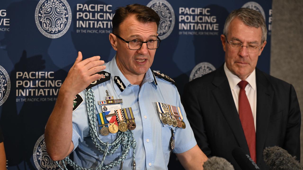 AFP Commissioner Reece Kershaw and Attorney-General Mark Dreyfus KC at a press conference in Brisbane. Picture: Lyndon Mechielsen/Courier Mail