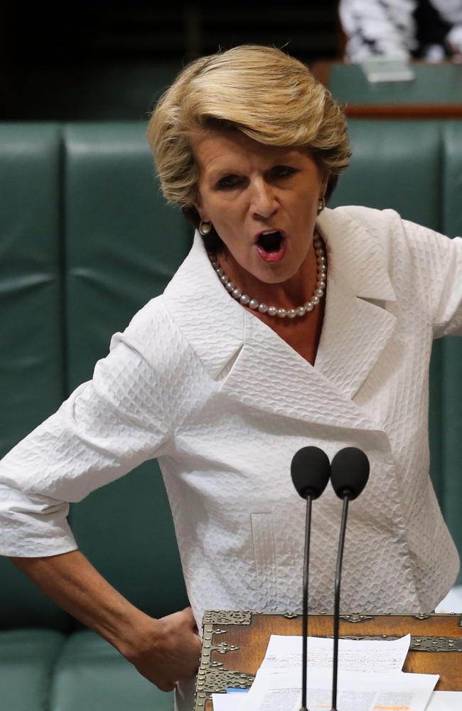 Tough and stylish: Foreign Minister Julie Bishop in action (with pearls) during Question Time. Picture: News Corp