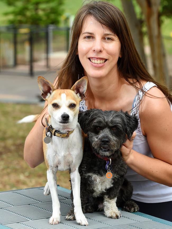 Stephanie Tovey and dogs Taco (left) and Charlie enjoy Sunbury Dog Park. Picture: Josie Hayden