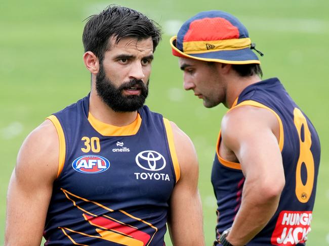 Crows training at West Lakes - (LtoR) Jordan Dawson, Luke Pedlar, Wayne Milera, and Josh Rachele. 9 January 2025. Picture: Dean Martin