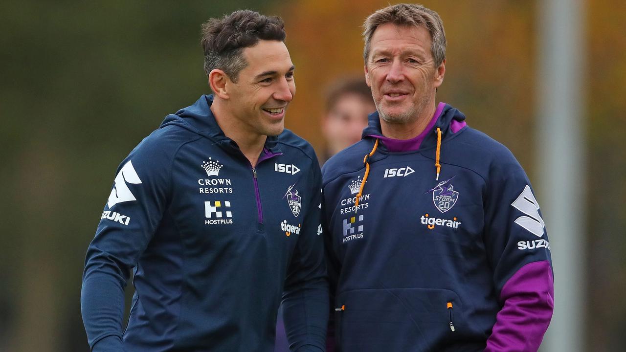MELBOURNE, AUSTRALIA - MAY 16: Billy Slater of the Melbourne Storm and Storm coach Craig Bellamy talk during a Melbourne Storm NRL media session at Gosch's Paddock on May 16, 2018 in Melbourne, Australia. (Photo by Scott Barbour/Getty Images)