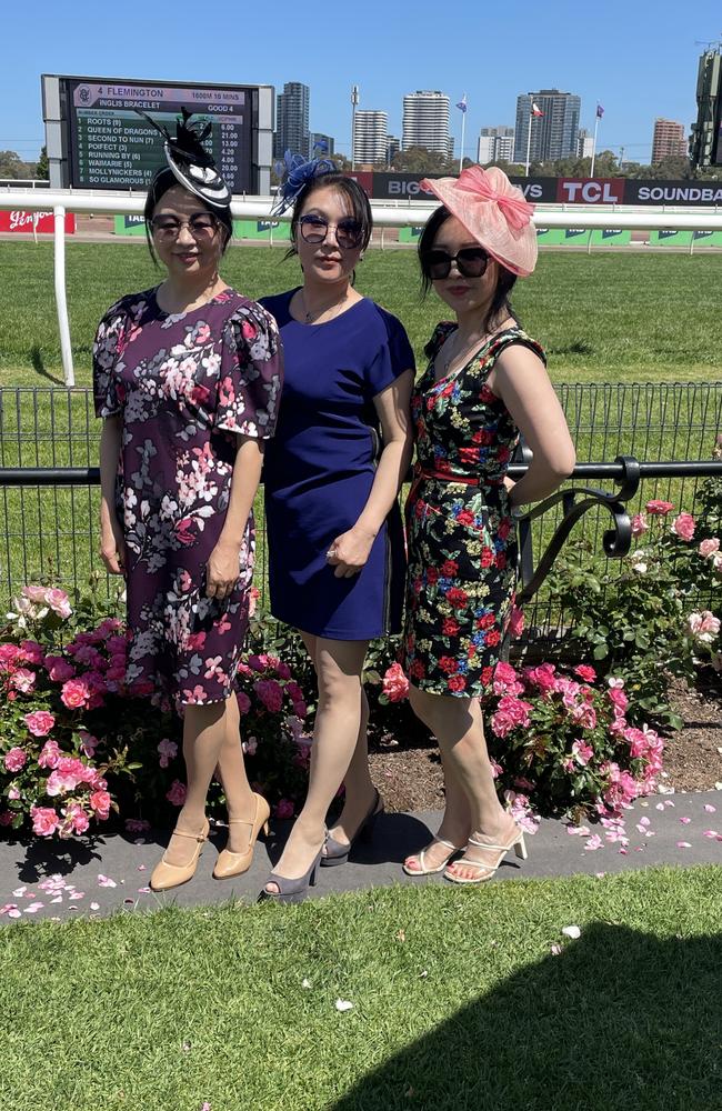 Jie, Ming and Li at the 2024 Crown Oaks Day, held at Flemington Racecourse. Picture: Gemma Scerri