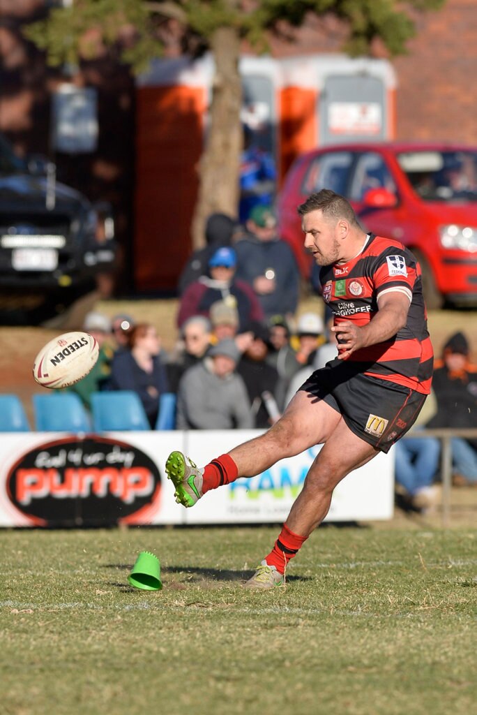 Brett Seymour converts for Valleys Roosters against Dalby Diehards in TRL Premiership qualifying final rugby league at Glenholme Park, Sunday, August 12, 2018. Picture: Kevin Farmer