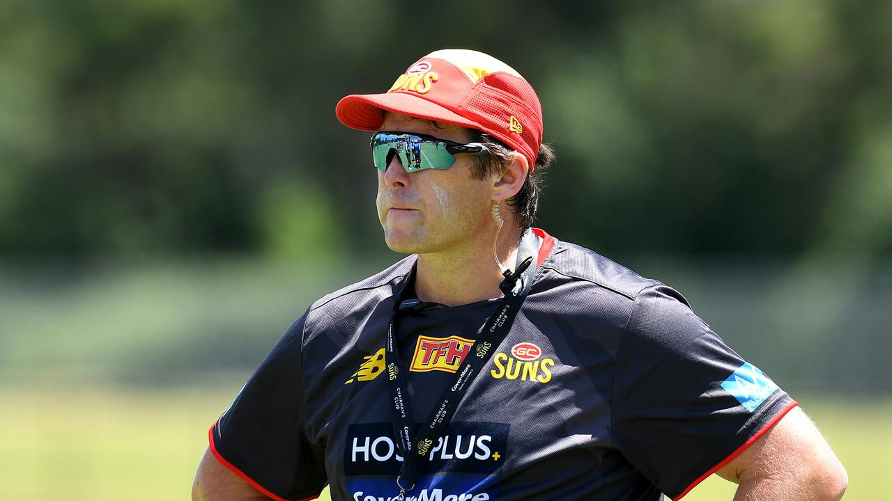 Head coach Stuart Dew is seen during a Gold Coast Suns AFL training session at Austworld Centre Training Ovals on December 15, 2021 in Brisbane, Australia. (Photo by Albert Perez/AFL Photos/via Getty Images)