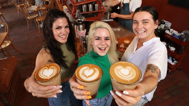 Coffee lovers Anita Mandaliti, Felicia Alexandridas and Julia Cinel at Bentwood Cafe Fitzroy. Picture: David Caird