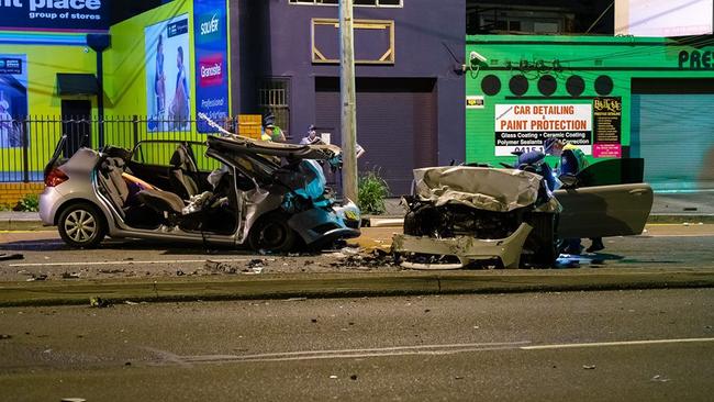 The scene on Sunday following the four-vehicle crash in Gladesville. Picture: Patrick J Lee