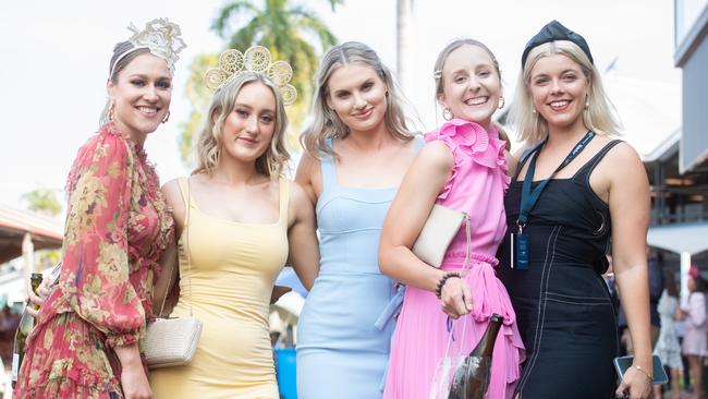 Heidi West, Grace Halliwell, Bijou Daniels, Tahnee Cvirn and Hannah McCourt at the Darwin Cup. Picture: Che Chorley