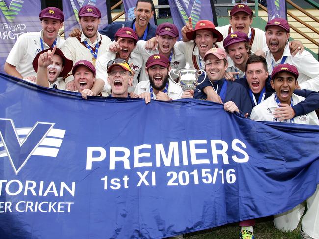 Andrew Perrin, front row second from the left, has earned a state contract with Tasmania after a 50-wicket summer and flag with Fitzroy Doncaster. Picture: Hamish Blair.