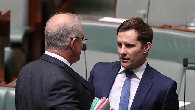 PM Scott Morrison speaking to Alex Hawke before Question Time. Picture: Kym Smith