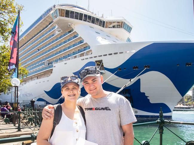 12th November 2022. The Sunday Telegraph. News.The Rocks, Sydney, NSW, Australia.Pics by Julian Andrews.Vox pops. Passengers who are waiting to board the ship ÃMajestic PrincessÃ  which has 800+ COVID positive passengers onboard. The next cruise goes to Melbourne and Tasmania.Picture shows Chloe Pringle and William Edwards from Newcastle who are about to go on their cruise.