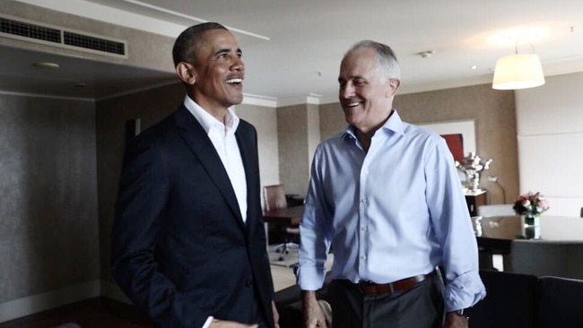 Malcolm Turnbull with Barack Obama during their meeting at a Sydney hotel in March 2018. Picture: Twitter