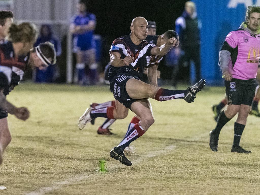 Michael Bloomfield kicks for Warwick against Newtown in TRL A grade round 10 rugby league at Jack Martin Centre, Saturday, June 19, 2021. Picture: Kevin Farmer