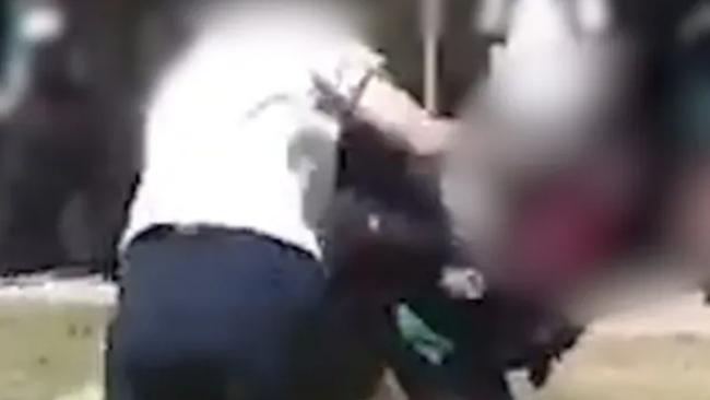 A still from last Tuesday’s brawl at Calamvale Community College, uploaded to social media. Picture: Facebook