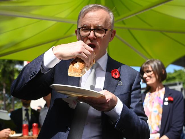 Prime Minister Anthony Albanese was not able to secure a snag on election day, unlike this citizenship ceremony in 2023. Picture: Dan Peled / NCA Newswire