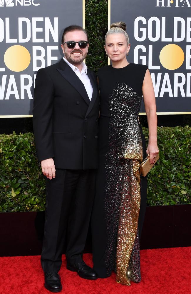 Ricky Gervais and Jane Fallon. Picture: Jon Kopaloff/Getty Images/AFP