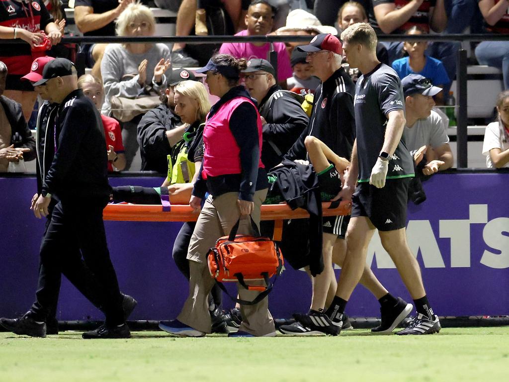 Hannah Keane is stretchered from the field. Picture: Mark Kolbe/Getty Images