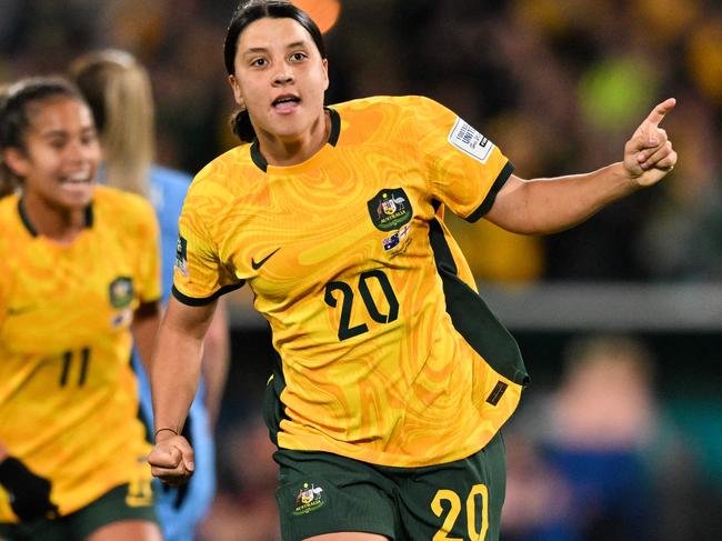 Australia's forward Sam Kerr celebrates scoring her team's first goal during the Australia and New Zealand 2023 Women's World Cup semi-final football match between Australia and England in Sydney. Picture Izhar Khan/AFP