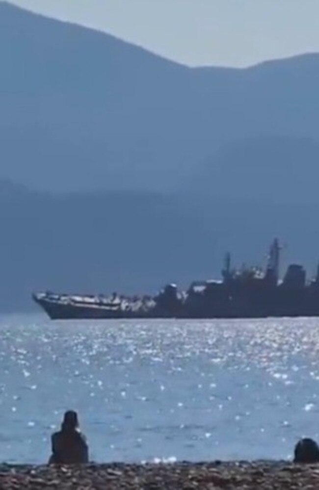 More footage of the damaged warship tilted low in the war. Picture: Twitter