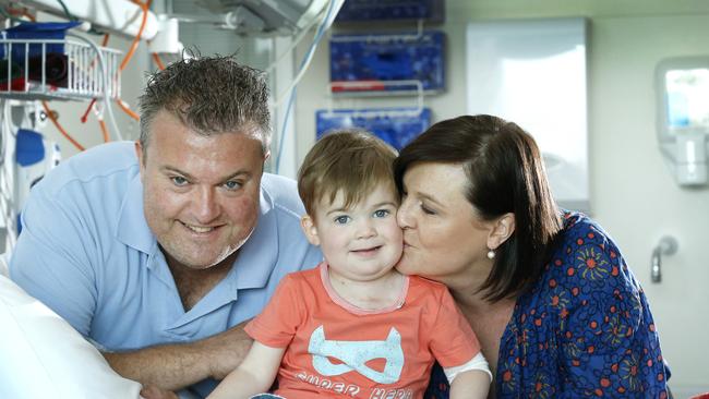 William Mitchell getting ready to go home with dad Tristan Mitchell and mum Julia Davies. Picture: David Caird.