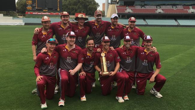 A proud Prince Alfred OC with the Adelaide Turf T20 trophy at Adelaide Oval on Sunday. Picture: Matthew Kildea