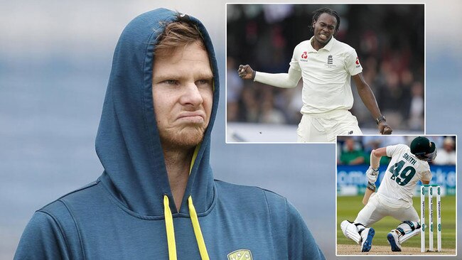 Steve Smith, after being ruled out (main), Jofra Archer (top) and the moment which felled Smith (bottom right). Pictures