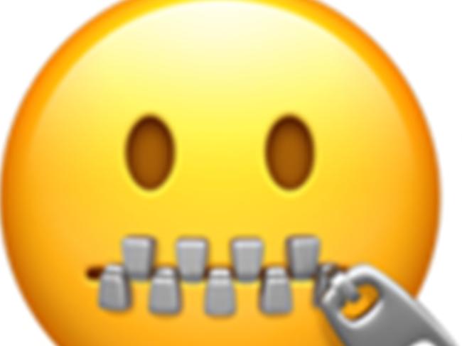 Apple's 'Zipper-Mouth Face' emoji. Used to convey a secret, or that one will not discuss a certain matter with others aka “my lips are sealed”. Picture: emojipedia