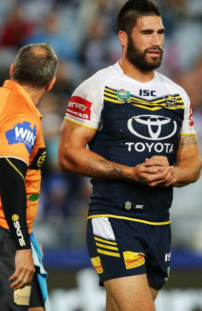 James Tamou goes off injured against the Bulldogs. Pic: Gregg Porteous