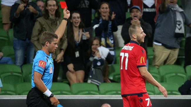 Dzengis Cavusevic of United is shown a red card against Melbourne Victory. Picture: Image/Hamish Blair