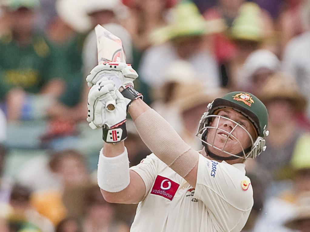 David Warner launches during his whirlwind knock of 180.