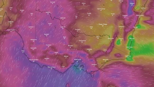 Wind gusts to hit Victoria at 5pm on Wednesday. Picture: Windy.com