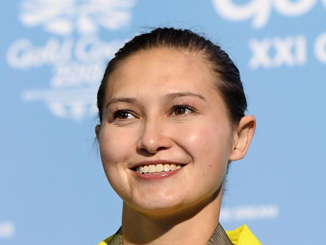 GOLD COAST, AUSTRALIA - APRIL 12:  Gold medalist Melissa Wu of Australia poses during the medal ceremony for the Women's 10m Platform Diving Final on day eight of the Gold Coast 2018 Commonwealth Games at Optus Aquatic Centre on April 12, 2018 on the Gold Coast, Australia.  (Photo by Quinn Rooney/Getty Images)