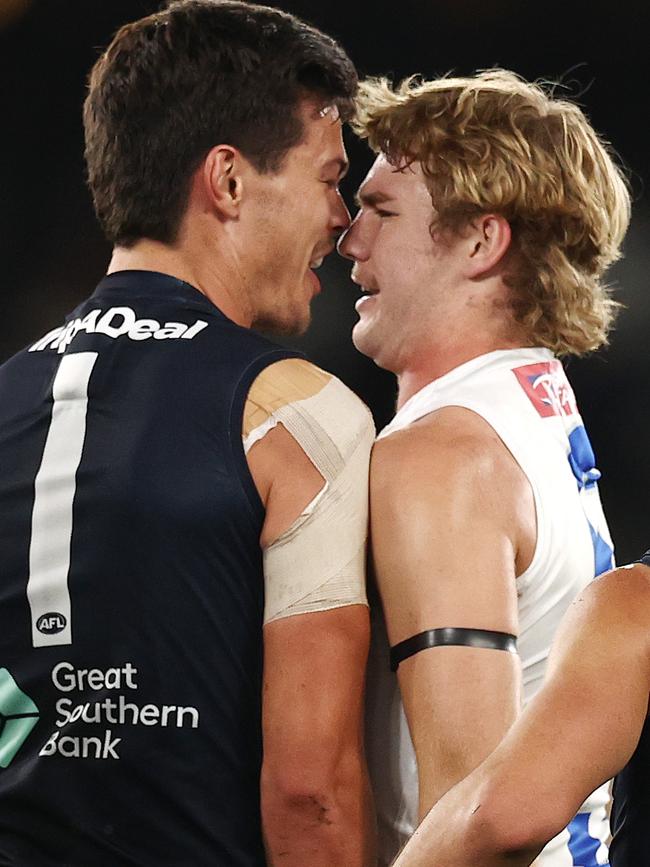 Jack Silvagni and Jason Horne-Francis get up close and personal. Picture: Michael Klein