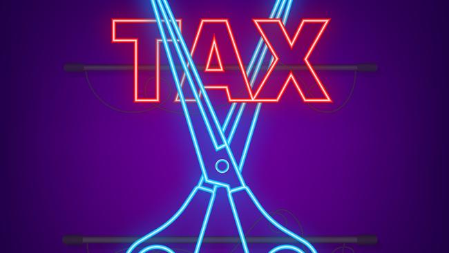 Tax cut in neon style on black background. Vector illustration, cartoon character. Editable stroke, taxation generic