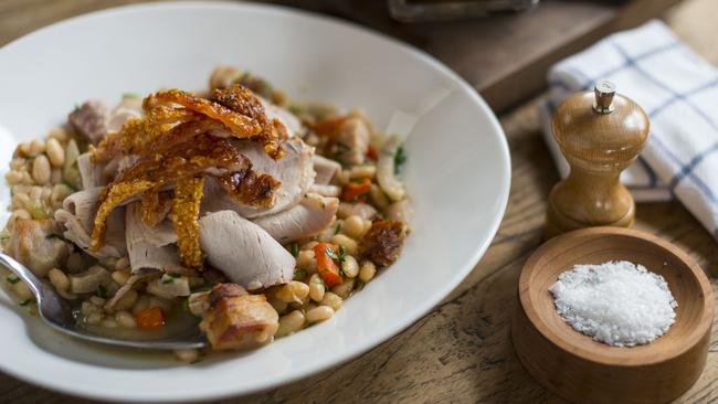 Du Fermier’s pork loin with crackling and cassoulet.