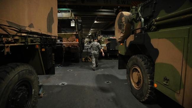 Inside the HMAS Adelaide ahead of Exercise Keris Woomera, the first bilateral amphibious activity exercise between the Australian Defence Force and Indonesian National Armed Forces. Picture: Zizi Averill